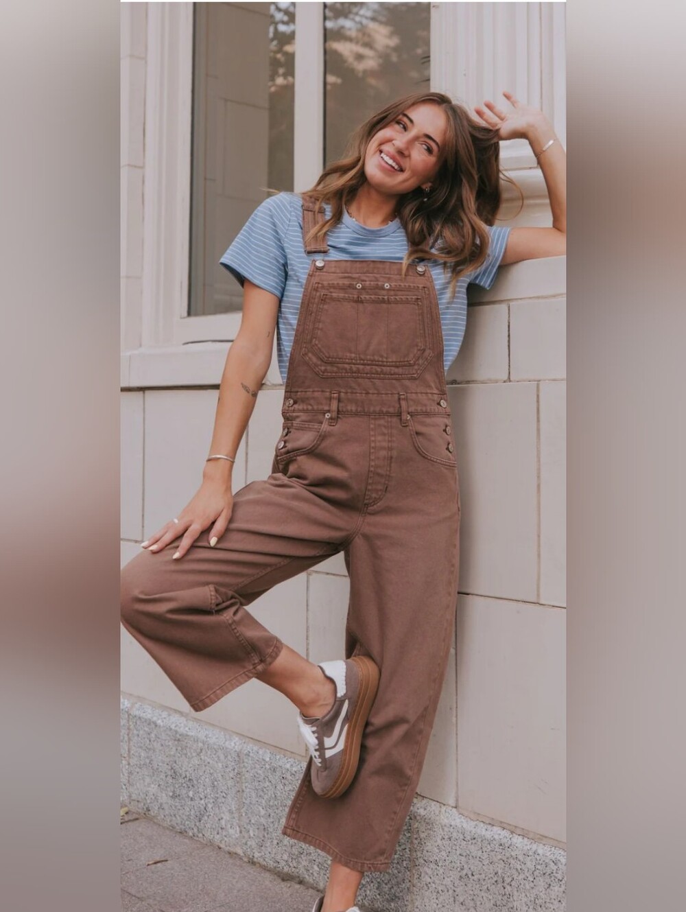 We The Free Brown Denim Overalls with Blue Striped Tee